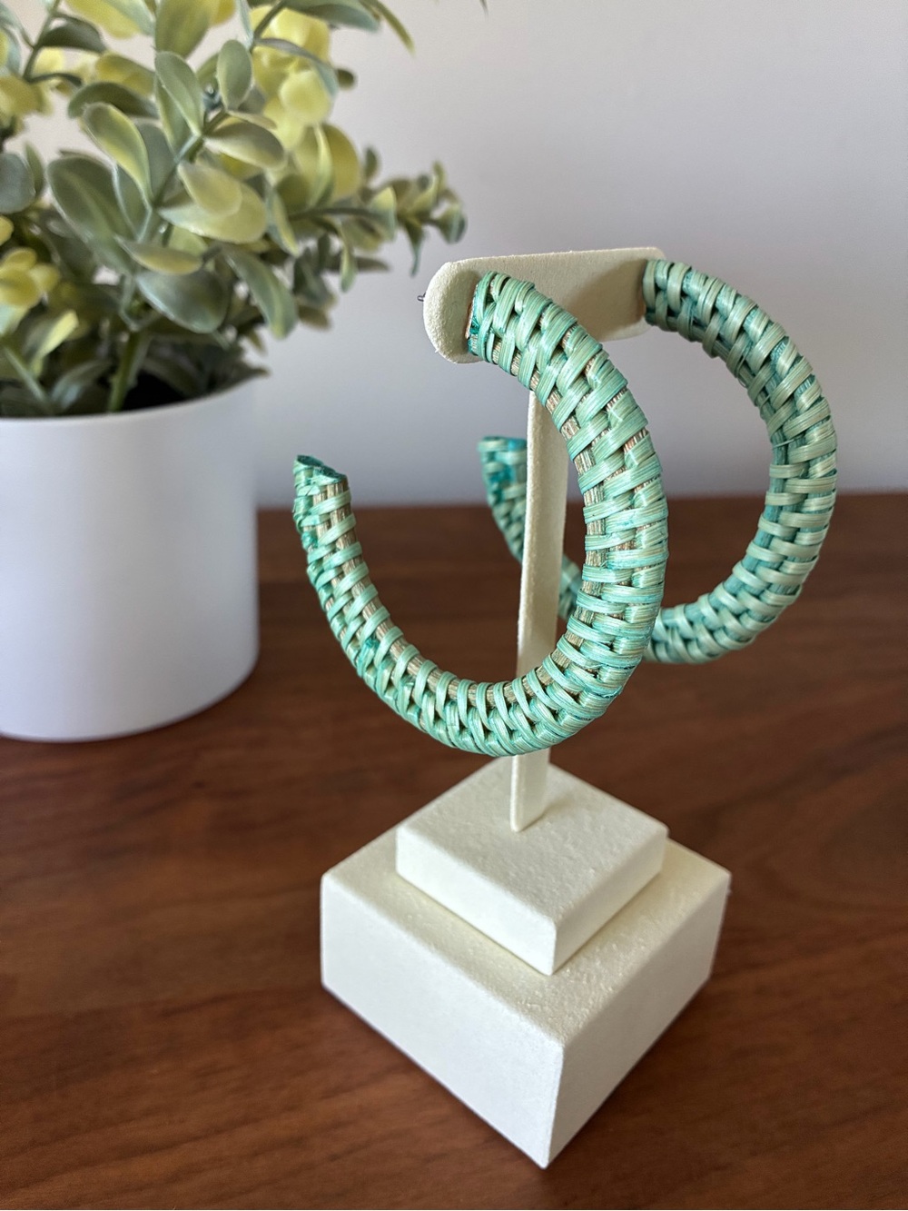 Anthropologie Mint Green Woven Wicker Hoop Earrings – Boho Statement